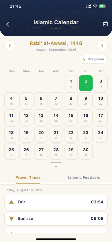 Islamic calendar with prayer times
