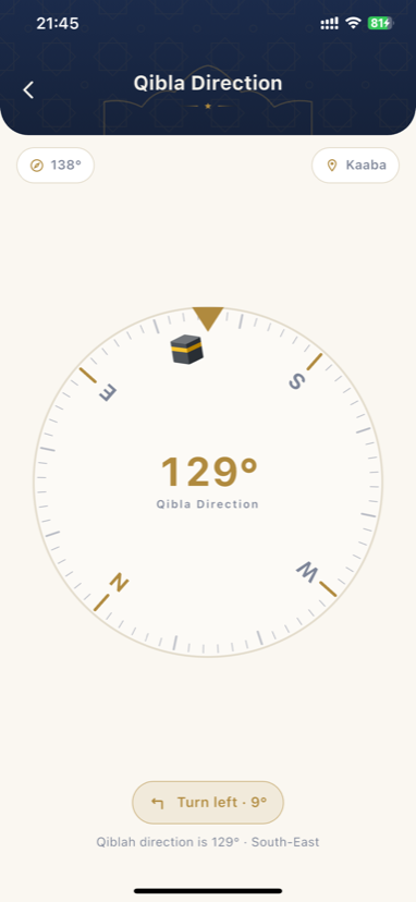 Qibla direction compass in the Sufia Noorbakhshia app