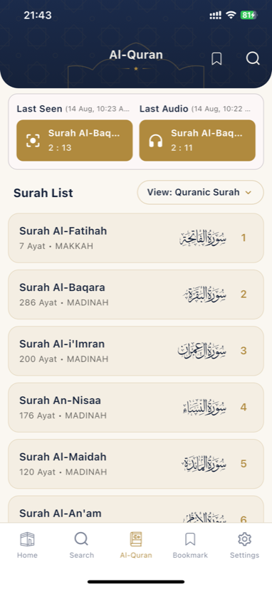 Surah list with last seen and last audio